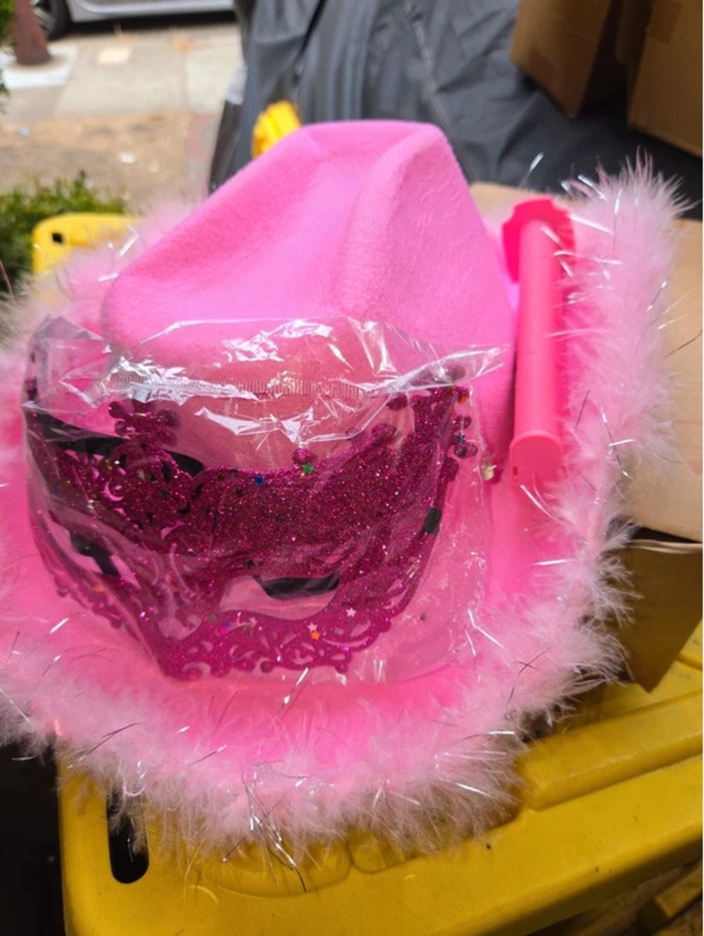 Pink Cowgirl hat with mask and sword